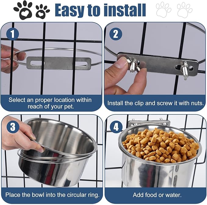 Stainless Steel Dog Bowls, 2 Pack No Spill Dog Crate Water and Food Bowls for Kennel Cage, Kennel Water Bowl Hanging Feeder Dish for Dogs Pets, 40oz & 60oz