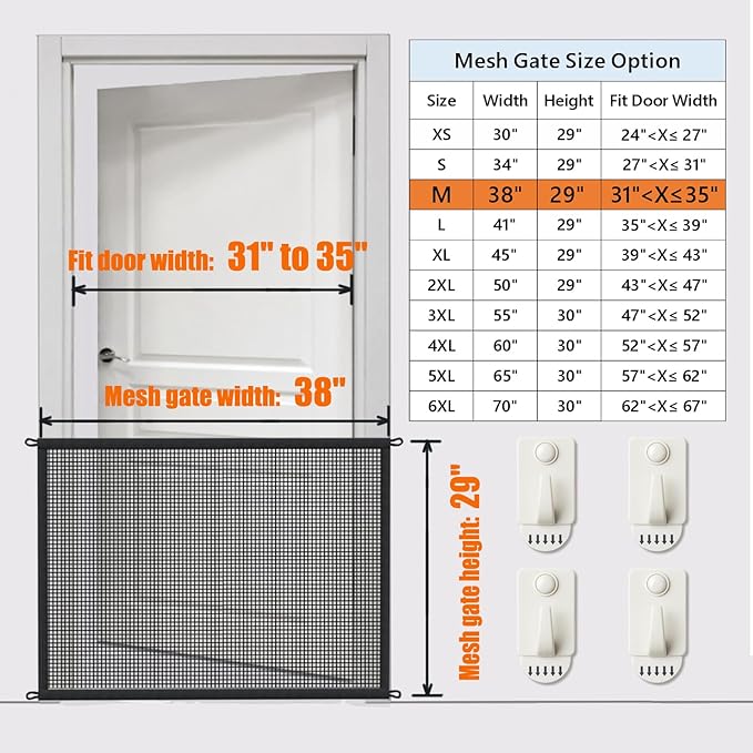 Cupount Dog Screen Mesh Gate for Stairs Pet Gates for The House: for Doorways Stairways Indoor 29 inches Tall, 38 inch Wide, Fits 32-35 inch Openings