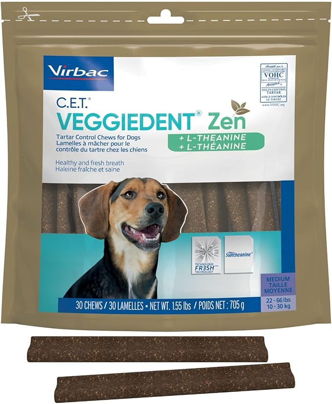 Virbac C.E.T.® VEGGIEDENT® Zen Tartar Control Chews for Dogs - Multifunctional to Support Mental Well-Being, VOHC Approved - Medium 22-66lbs