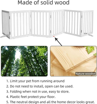 ZJSF Freestanding Indoor Dog Gate for House Foldable Wood White Puppy Gate for Doorways Pet Gate for Stairs Extra Wide Pet Fence 24" Height 6 Panels