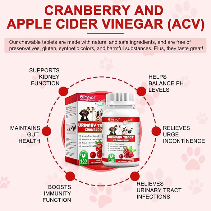 Cranberry Bladder Control Supplement for Dogs - Urinary Tract Support - UTI, Bladder Stones, Incontinence, Immune & Gut Support – 180 Count