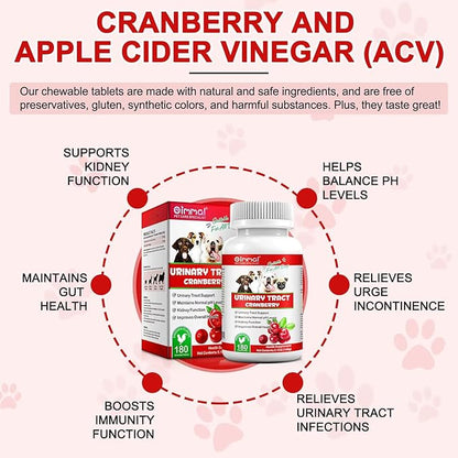 Cranberry Bladder Control Supplement for Dogs - Urinary Tract Support - UTI, Bladder Stones, Incontinence, Immune & Gut Support – 180 Count