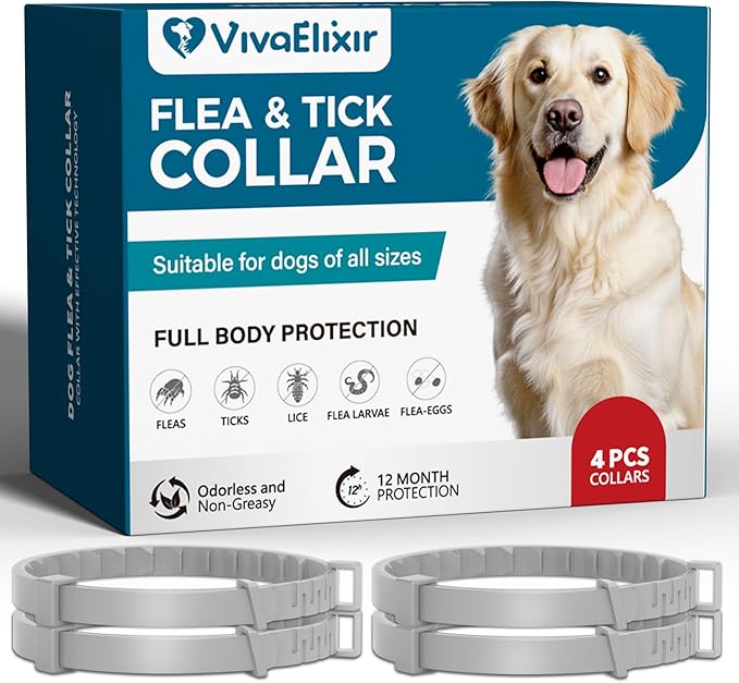 Flea and Tick Collar for Dogs – 12-Month Protection – Adjustable & Waterproof – Safe, Long-Lasting Repellent for Fleas, Ticks, Lice & Mosquitoes – Fits Small, Medium & Large Dogs 4pack