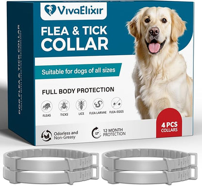 Flea and Tick Collar for Dogs – 12-Month Protection – Adjustable & Waterproof – Safe, Long-Lasting Repellent for Fleas, Ticks, Lice & Mosquitoes – Fits Small, Medium & Large Dogs 4pack
