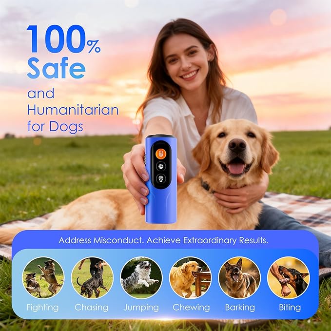 Dog Bark Deterrent Device & Anti Barking Device for Dogs, 50FT Ultrasonic Dog Trainer - Silent to Humans, Safe, Humane, Long-Lasting Rechargeable Blue Handheld with LED, Indoor/Outdoor