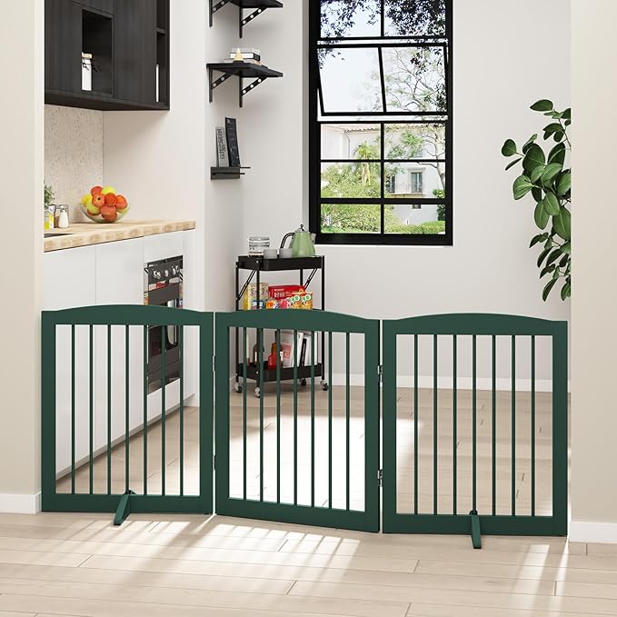 PUPETPO Freestanding Pet Gate for Dogs, Foldable Wooden Dog Gate for House, Indoor Dog Gate for Doorways, Stairs, Step Over Pet Puppy Safety Fence, Support Feet Included,24" Height 3 Panels,Green