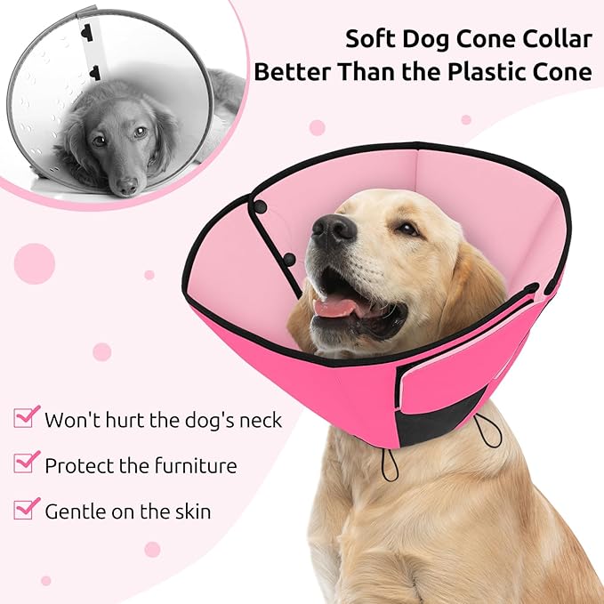 Queenmore Dog Cones for Medium Dogs, Soft Dog Cone Collar After Surgery, Pet Cone for Dogs Wound Care, Spay, Neuter, Breathable Pet Surgery Collars & Cones, Pink M