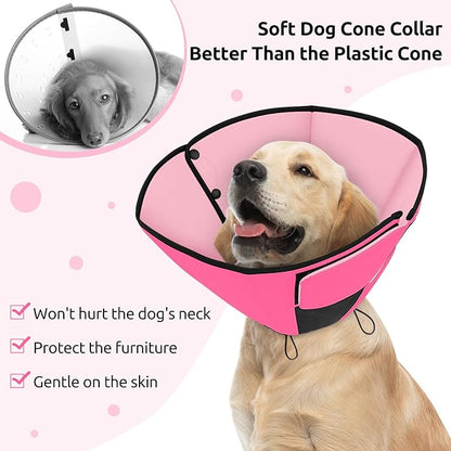 Queenmore Dog Cones for Large Dogs, Soft Dog Cone for Large Breeds, Cone for Dogs After Surgery, Adjustable Elizabethan Collar for Pet to Prevent Licking Wounds, Pink L