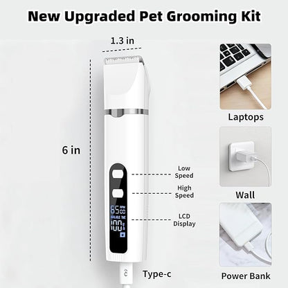 Dog Grooming Kit Hair Clipper with LCD Display - Low Noise Pet Hair Trimmer, Dog Nail Grinder Clippers for Grooming, Rechargeable Cordless Waterproof Paw Trimmer for Cats and Other Pets