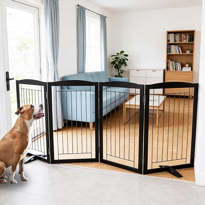 ZJSF Freestanding Dog Fence Indoor, Foldable Dog Gate for Doorways, Stairs or Hallways, Sturdy Wood Extra Wide Pet Gate with Support Feet for The House, Black, 32 "Height-4 Panels