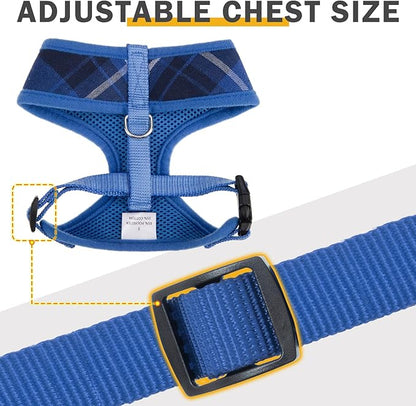 SCENEREAL Puppy Dog Harness with Leash Set for Small Medium Sized Dogs, Soft Mesh Pet Harnesses and Leash, No Chock Plaid Adjustable No Pull Vest for Dogs Cats, Chihuahua,Bulldog (Blue M)