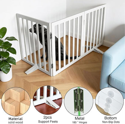 Dog Gate Indoor, Freestanding Dog Fence for The House, Doorways, Hallways,or Stairs,Pet Gate Foldable Wooden,Expandable 24" Height 3 Panels,White