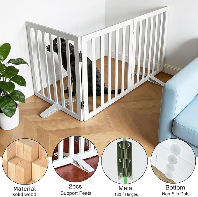 Dog Gate Indoor, Freestanding Dog Fence for The House, Doorways, Hallways,or Stairs,Pet Gate Foldable Wooden,Expandable 32" Height 3 Panels,White