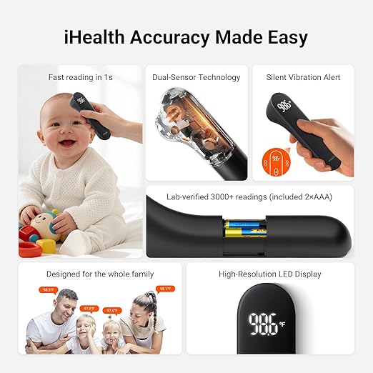 iHealth No-Touch Digital Forehead Thermometer for Adults, Babies, Kids, 3 Ultra-Sensitive Sensors, Quiet Vibration Feedback, Large LED Digits, Easy to Use for Home, PT3 Black