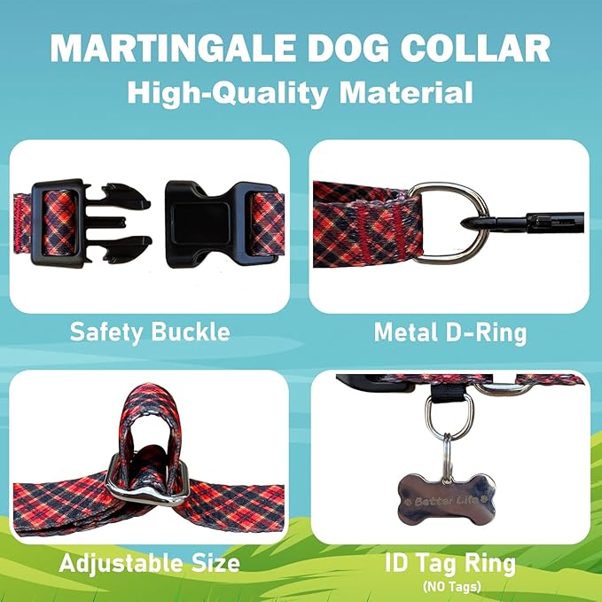 Christmas Martingale Collar for Small Dogs Plaid Dog Collars with Buckle Adjustable Soft Nylon Dog Collar (Red Plaid, Small)