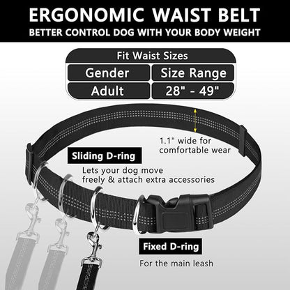 Hands Free Dog Leash, Waist Running Leash with Zipper, Walking Pouch for Medium Large Dogs, Dual Handle and Retractable Bungee for Training Jogging Hiking