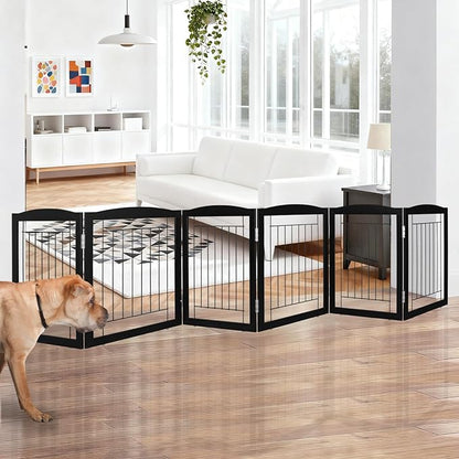 ZJSF Freestanding Foldable Dog Gate for House Extra Wide Wooden Black Indoor Puppy Gate Stairs Dog Gates Doorways Tall Pet Gate 6 Panels Fence