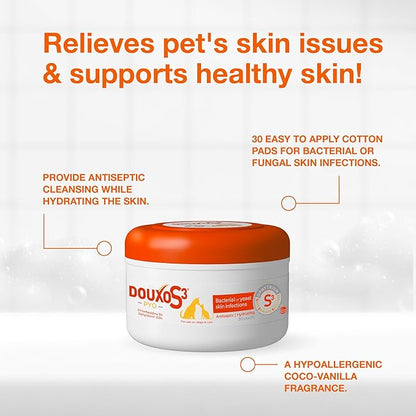 Douxo S3 Pyo Pads, Contains 3% Chlorhexidine & 0.5% Ophytrium, Antiseptic & Hydrating, For Bacterial or Yeast Skin Infections, For Dogs and Cats, 30 Pads