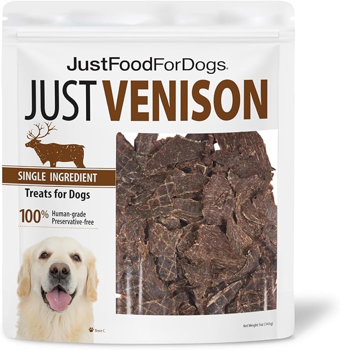 JustFoodForDogs Limited Ingredient Healthy Dog Treats and Dog Snacks, Jerky Treats, Human Grade, Preservative Free, Rawhide Free Chews, Low Calorie Treat - Venison Bark, 5 oz