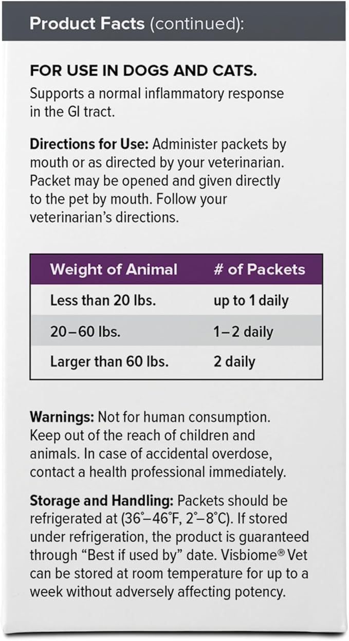 Visbiome® Vet Advanced GI Care High Potency Probiotic for Dogs & Cats – 225B CFU, 8-Strain Formula – Refrigerated, Veterinarian Recommended, Clean Label Certified – 60 Packets