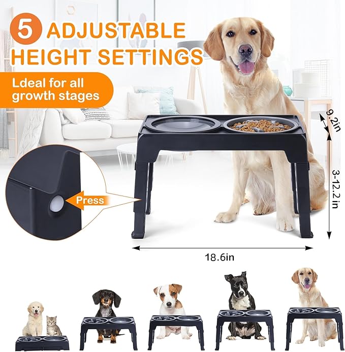 LALOBLUE Elevated Dog Bowls, Raised Dog Bowl with 2 Stainless Steel Dog Food Bowls, Dog Bowls Stand Adjusts to 5 Heights 2.95", 8.46", 9.65", 10.82", 12.01" for Small Medium Large Dogs Cats Pets,Black