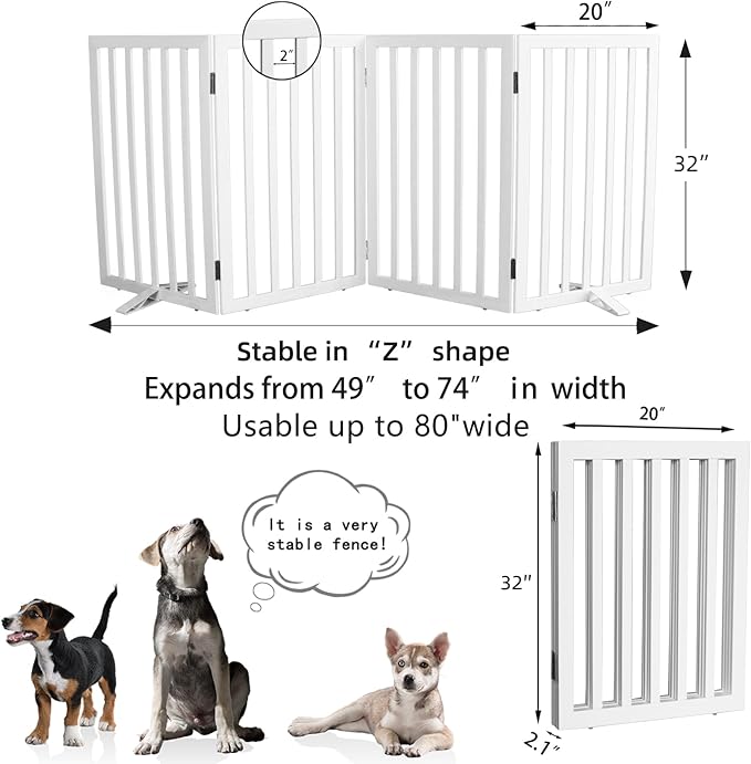 Dog Gate Indoor, Freestanding Dog Fence for The House, Doorways, Hallways,or Stairs,Pet Gate Foldable Wooden,Expandable 32" Height 4 Panels,White