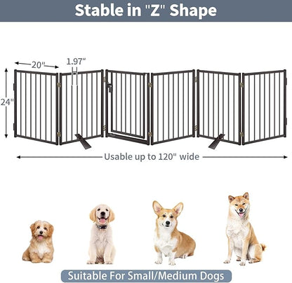 Metal Freestanding Dog Gates with Door for Outdoor Indoor,120'' Extra Wide 24'' Tall Free Standing Dog Gate for Doorways,Large Openings,Deck,Yard,Porch,Foldable Safety Pet Fence(Black,6 Panels)