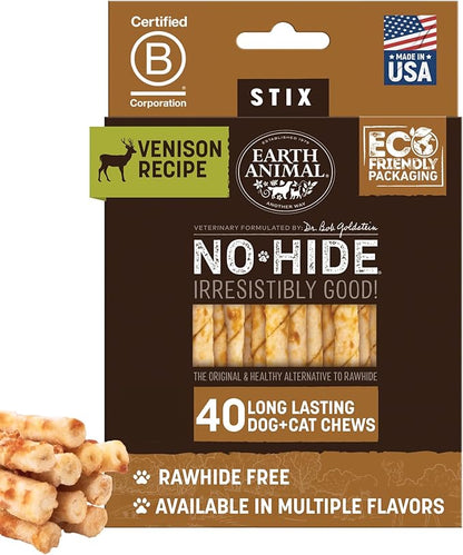 Earth Animal No Hide Stix - Long Lasting Rawhide Free Small Dog Chews Sticks, Venison - 40 Count Extra Value Pack