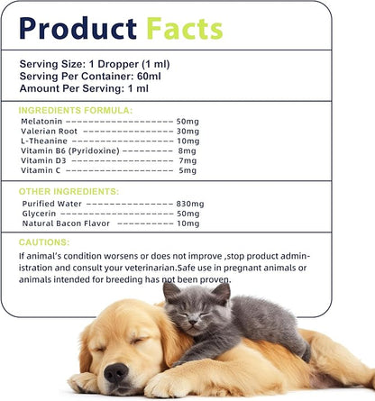 Liquid Melatonin for Dogs and Cats, Cat Melatonin, Dog Sleep Aid, Dog Anxiety Relief, Calming Behavior in Pets, Helps Restful Sleep, Small & Large Dogs, Bacon Flavor (60ml)