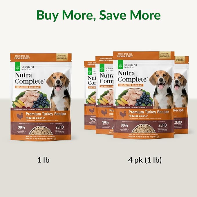 ULTIMATE PET NUTRITION Nutra Complete, 100% Freeze Dried Veterinarian Formulated Raw Dog Food with Antioxidants Prebiotics and Amino Acids, (1 Pound (Pack of 4), Turkey)