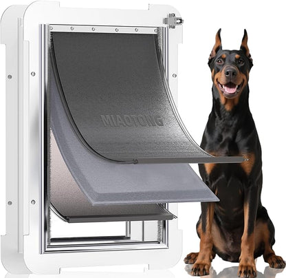 3-Flap Never Rust Extra Large Dog Door for Doors with Sliding Lock Panel, Steel Frame and Telescoping Tunnel, Extreme Weather Durable Doggy Door （Pets Up to 220 Lb）