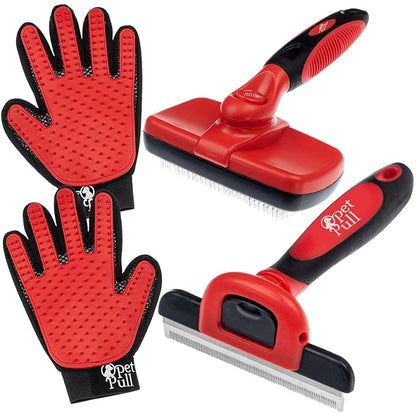 Complete Professional Pet Grooming Kit Self Cleaning Slicker Brush for Dogs & Cats - Pro Grooming Brushes Effectively Reduces Shedding Fur Hair Remover Brush Gloves - Combo Gift Set