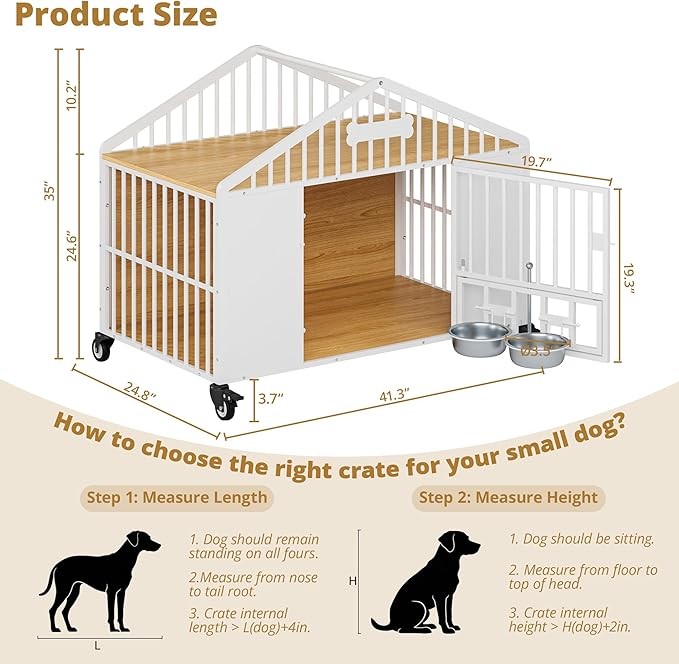 IRONCK 41.3" Dog Crate Furniture with 2 DIY Frame, Heavy Duty Pet Crates with 2 Rotatable Dog Bowls & Name Tag, Decorative Roof Shape Dog Kennel Indoor with 5 Wheels for Medium Dogs, White
