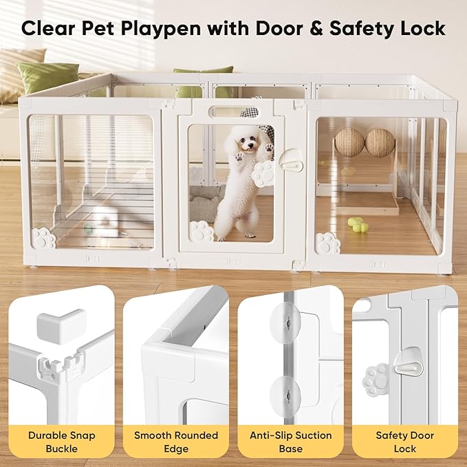 24” Acrylic Clear Dog Play Pen Indoors 8 Panels, Puppy Playpen with Door for Small Dogs Puppies, Transparent Plastic Pet Playpen Cage Fence Crate Kennel for Cat Kitten Rabbit Bunny Ferret etc