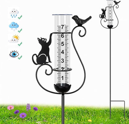 Rain Gauge Outdoor, Cat & Bird Rain Gauges Outdoor Best Rated Decorative for Garden Yard Lawn with Easy-Read 7" Tube, Accurate Rainfall Measurement