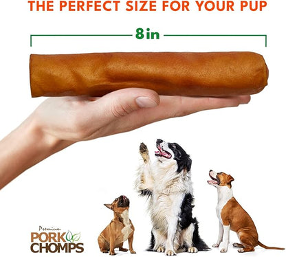 Pork Chomps Roasted Pork Skin Dog Chew, 8 Inch Roll, 5 Count - Long-Lasting Treats for Dogs - High Protein, Rawhide-Free, Low Fat, Healthy & Delicious Chews