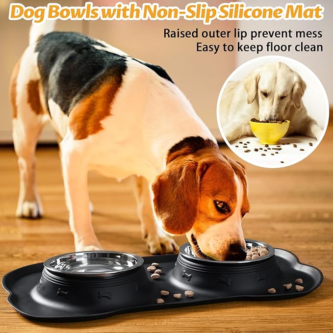 Hubulk Pet Dog Bowls 2 Stainless Steel Dog Bowl with No Spill Non-Skid Silicone Mat + Pet Food Scoop Water and Food Feeder Bowls for Feeding Small Medium Large Dogs Cats Puppies (Extra Large, Black)