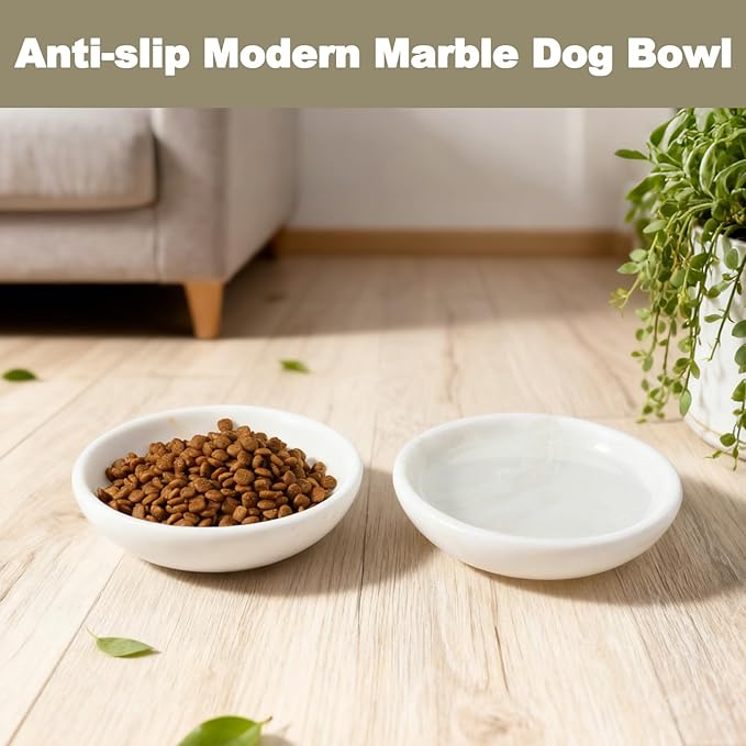 White Cat Bowl, Marble Food and Water Bowl for Cat and Small Dog, Heavyweight 1.5lb Non-Tip Pet Food Dish with Slip-Proof Pad, Premium Stone Feeder for Elegant Home Decor