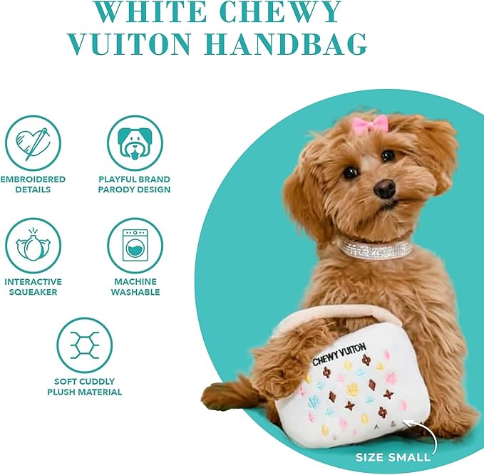 Haute Diggity Dog Chewy Vuiton Handbag Plush Squeaky Dog Toy, Soft Durable Designer-Inspired Stuffed Puppy Chew Toys for Small, Medium & Large Dogs, Machine-Washable (White) XL