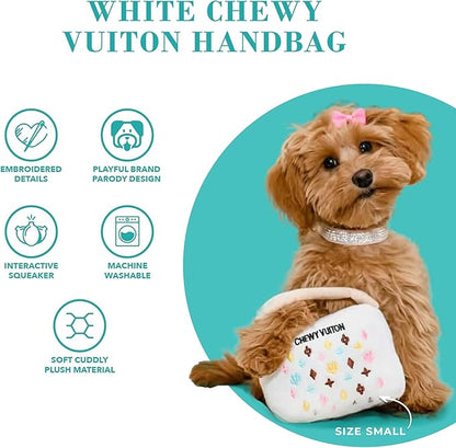Haute Diggity Dog Chewy Vuiton Handbag Plush Squeaky Dog Toy, Soft Durable Designer-Inspired Stuffed Puppy Chew Toys for Small, Medium & Large Dogs, Machine-Washable (White) XL
