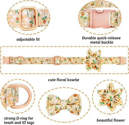 Dog Collar and Leash Set Girls Adjustable Puppy Collars with Floral Bow Tie for Small Medium Large Female Dogs, YellowFlower, M