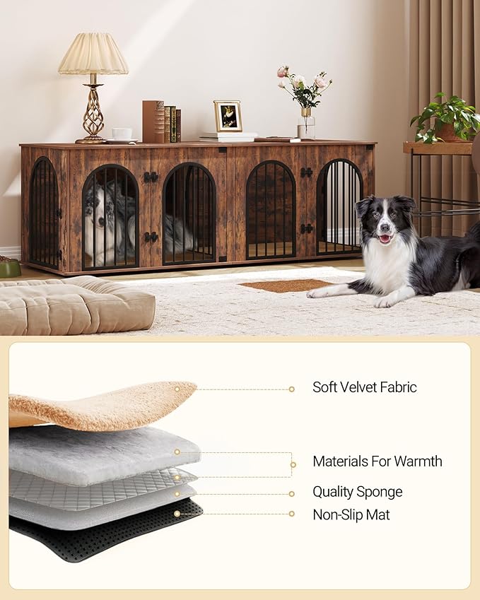 Hzuaneri 71" Dog Crate Furniture for 2 Dogs, Heavy Duty Indoor Dog Kennel TV Stand, XL Wooden Dog Cage with Divider for Medium Large Dogs, End Table Dog Crate with Cushion, Rustic Brown DFC81901B