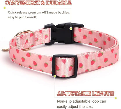 Pink Strawberry Pattern Dog Collar with Buckle Adjustable Safety Nylon Collars for Small Medium Large Dogs, Cute Stylish Girl Boy Christmas Dog Collar(Pink Strawberry,XS)