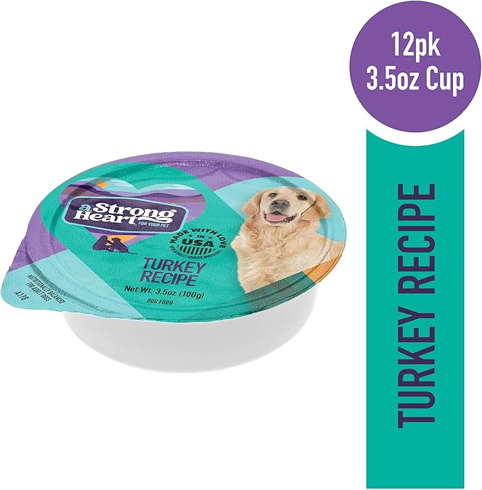 A Strong Heart Wet Dog Food Cups, Turkey Recipe - 3.5 oz Cups (Pack of 12), Made in The USA with Real Turkey