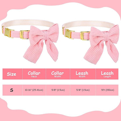 2pcs Dog Collar and Leash Set with Bowtie Cute Small Dog Collar Harness Leash Set Adjustable Breathable Soft Padded for Small Medium Puppy Dogs Metal Buckle Pink S