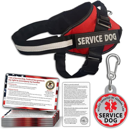 Service Dog Vest + ID Tag 50 ADA Information Cards - Harness w Patch in Sizes X Small to XX Large, Metal has Durable Clip, Animal Cards. ESA Accessory Set