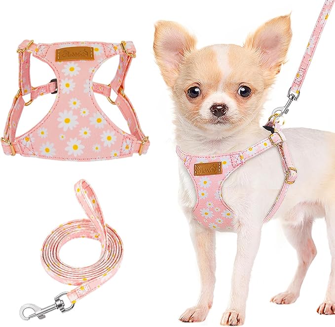 Lukovee Puppy Harness and Leash Set, No Pull Lightweight Soft Suede Adjustable Pet Harness Vest with Snap Buckle for Puppy Small and Medium Size Dog (Pink-XS)
