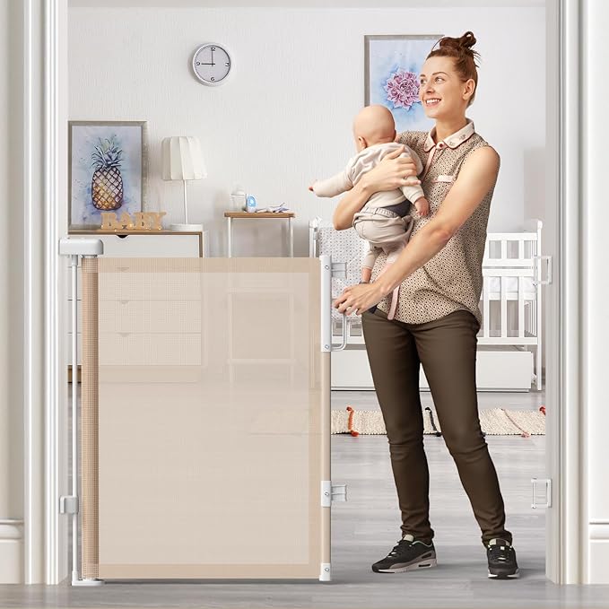 Retractable Baby Gate for Stairs, 55" Wide Mesh Dog Gate Indoor, 34" Tall Child Gate for Doorways, Hallways, Deck, Indoor Outdoor Pet Baby Safety Essentials for Home, Beige
