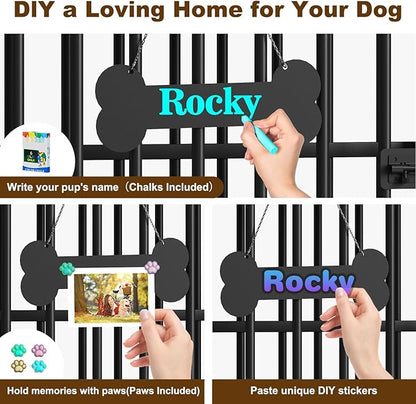 Easycom 41" Dog Crate Furniture Foldable, No Assembly Decorative Dog Kennel Indoor, Dog Crates for Large Dogs(35-60 lb), Wooden Dog Cage with Adjustable Bowls and Name Tag, End Table, Oak Grey