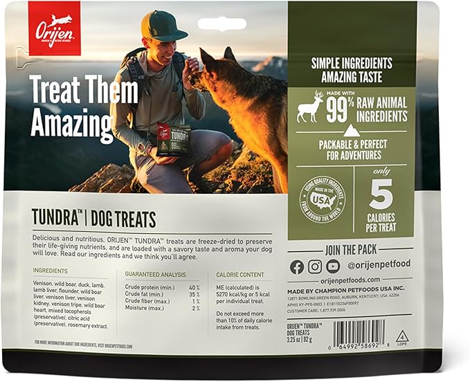ORIJEN Grain Free High Protein Freeze Dried Dog Treats Tundra Recipe 3.25oz Bag